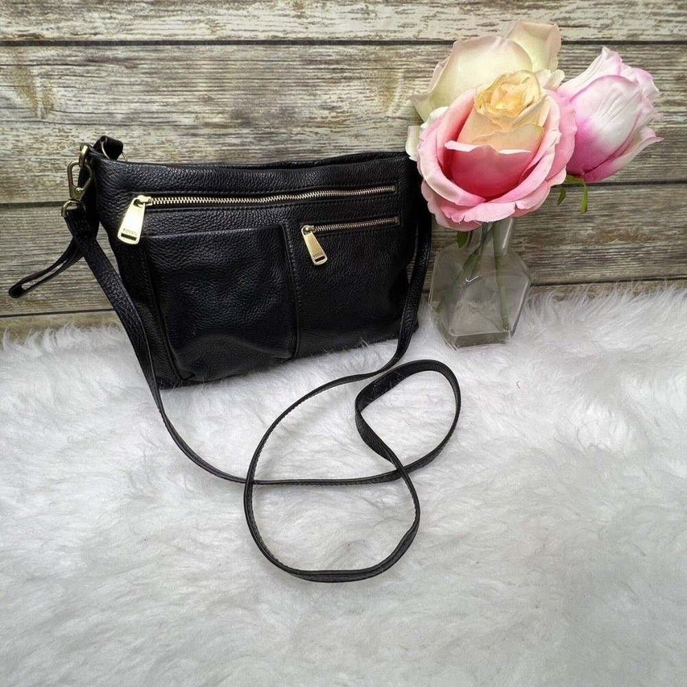 Fossil Piper Mini Black Genuine Leather Top Zip Shoulder Bag Purse CrossBody